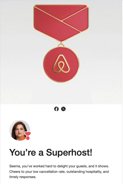 Airbnb Superhost medal and Seema Jain's portrait